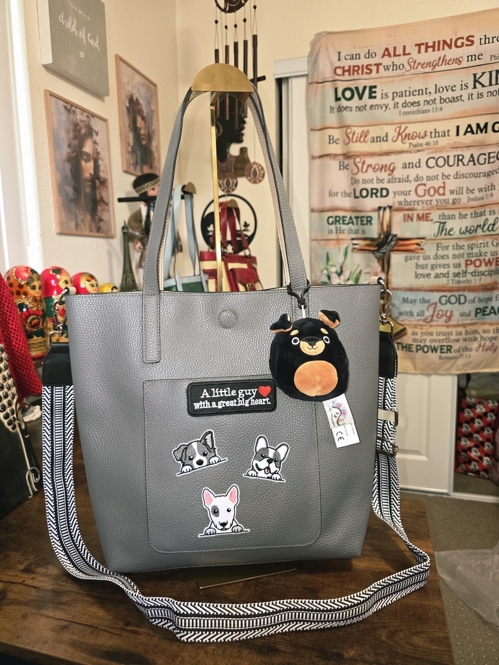 Gray Doggy Tote Bag with Removable Strap and Cute Patch Accents